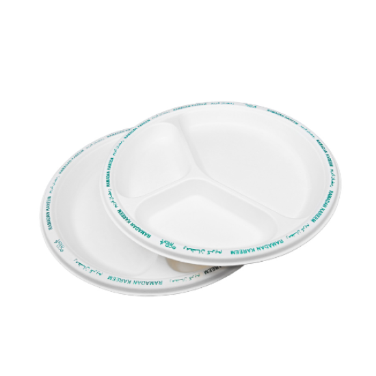 10" 3CP Round (Ramadan Printed), 500 PCS  طبق ورقي قابل للتحلل الحيوي من إيكومارت مطبوع عليه رمضان، بطول 10 أقدام، و3 أقسام