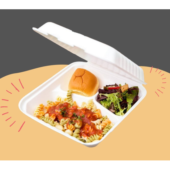  Lunch Box 3-Compartment , 200 PCS, صندوق غداء قابل للتحلل الحيوي في 3 أقسام